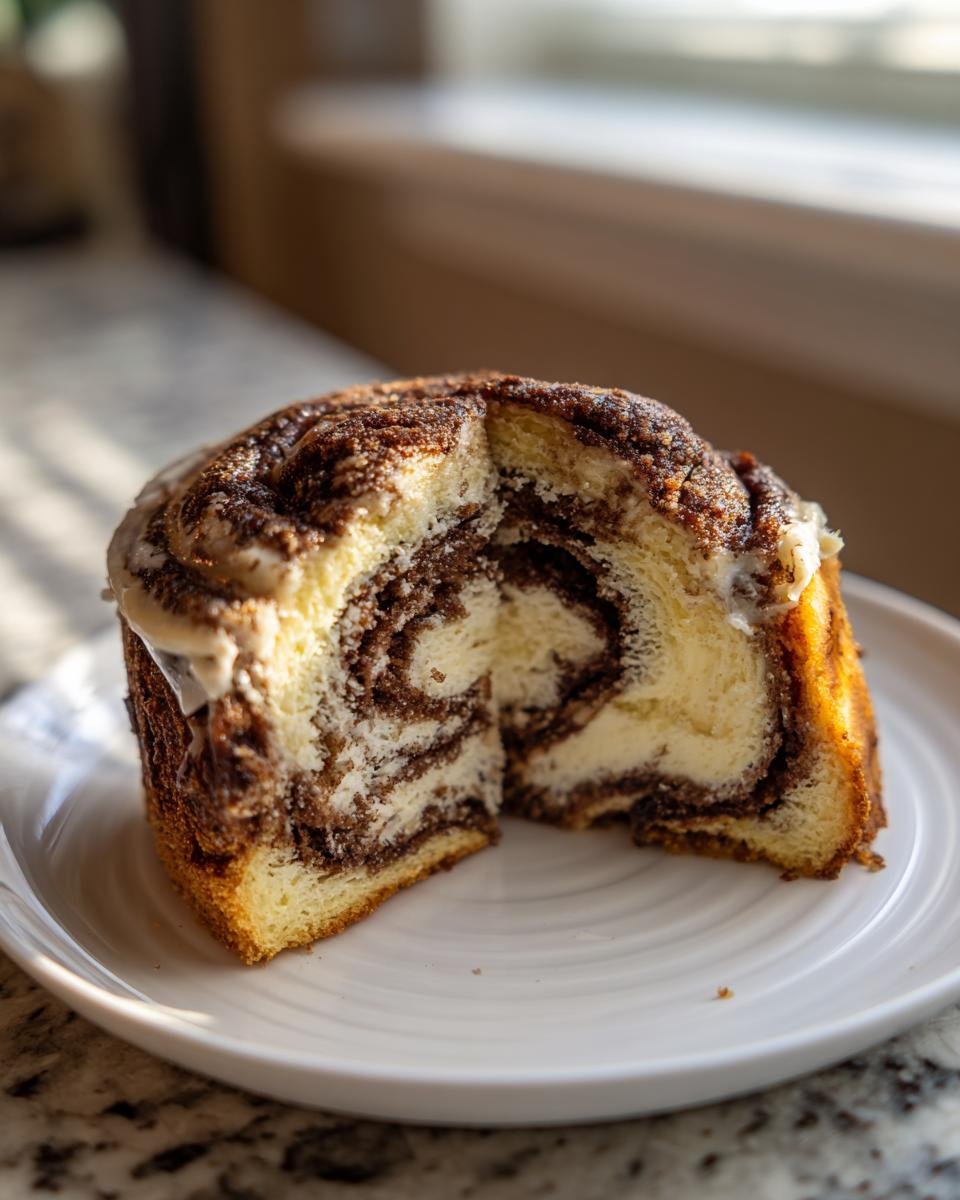 Aufgeschnittene Zimtschnecken trifft Käsekuchen mit sichtbarer Zimtfüllung und Glasur auf einem weißen Teller.