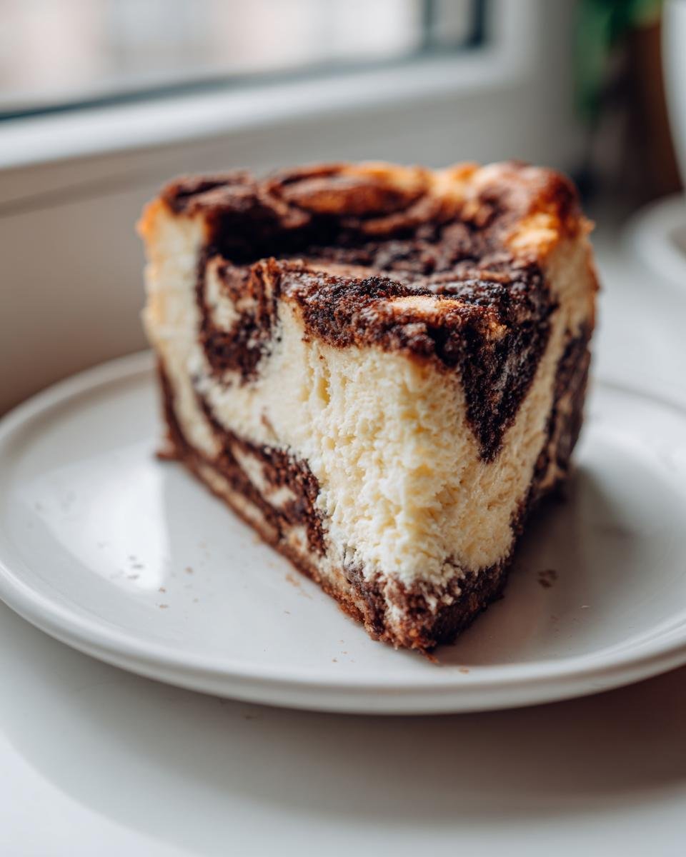 Ein Stück Marmorkuchen-ähnlicher Käsekuchen mit Zimt-Swirls, bekannt als Zimtschnecken trifft Käsekuchen, auf einem weißen Teller.