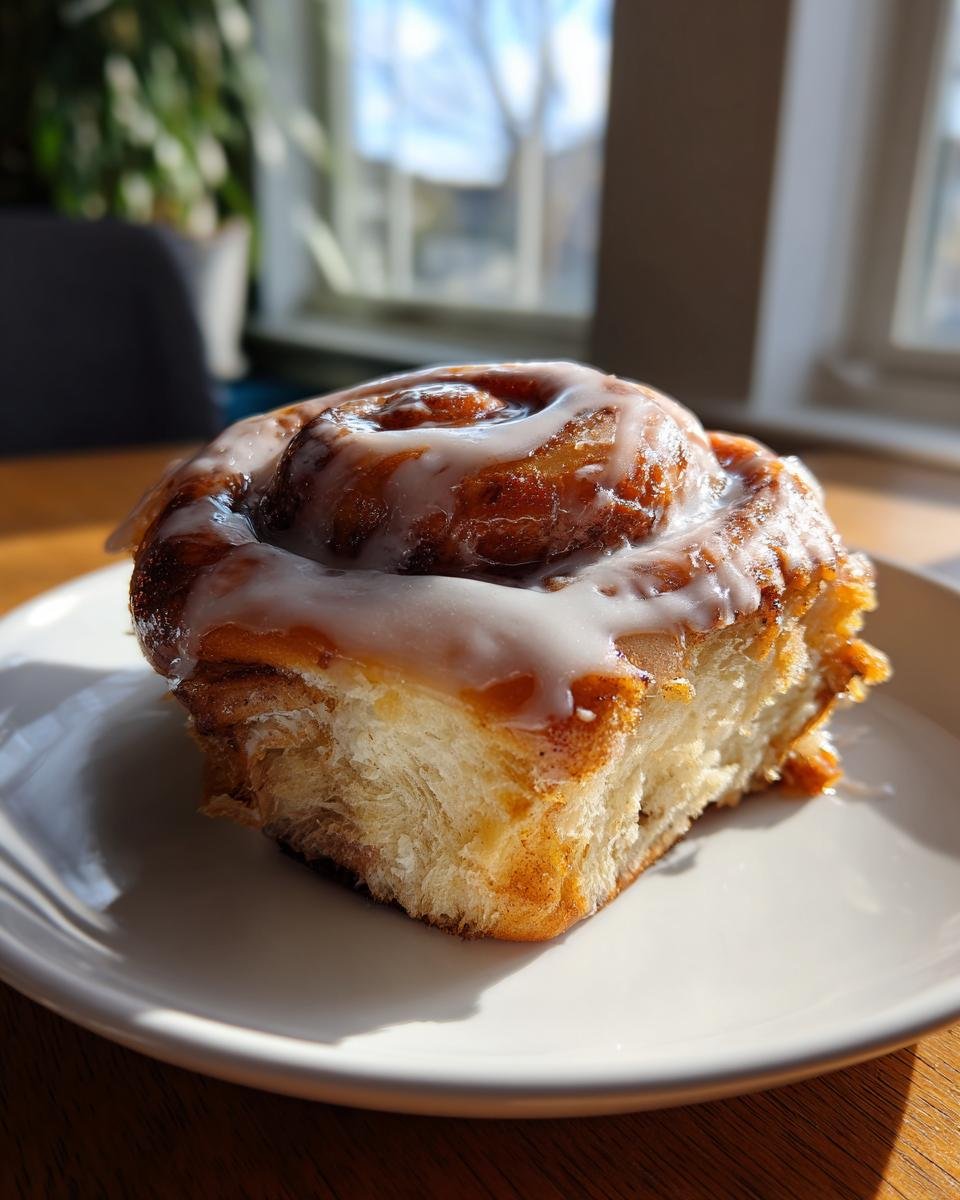 Eine einzelne, saftige Zimtschnecke mit dickem Zuckerguss auf einem weißen Teller, perfekt für das Rezept Zimtschnecken wie vom Profi.