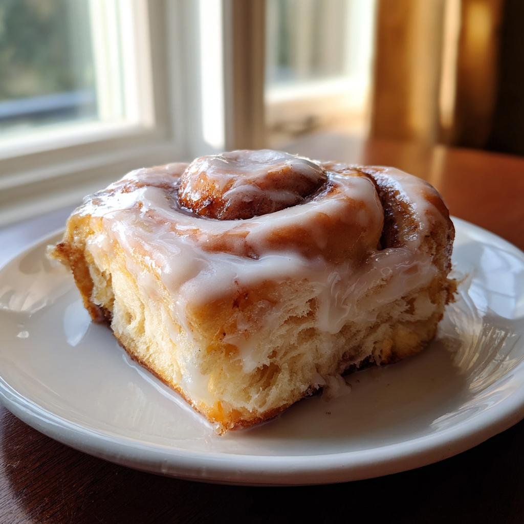 Nahaufnahme einer einzelnen, fluffigen Zimtschnecke mit reichlich weißem Zuckerguss auf einem weißen Teller.