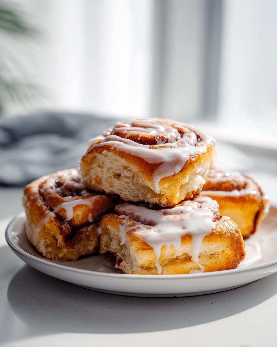 Stapel von fluffigen Zimtschnitten mit weißem Zuckerguss, die zeigen, wie schnell Zimtschnitten in Null komma nichts fertig sind.