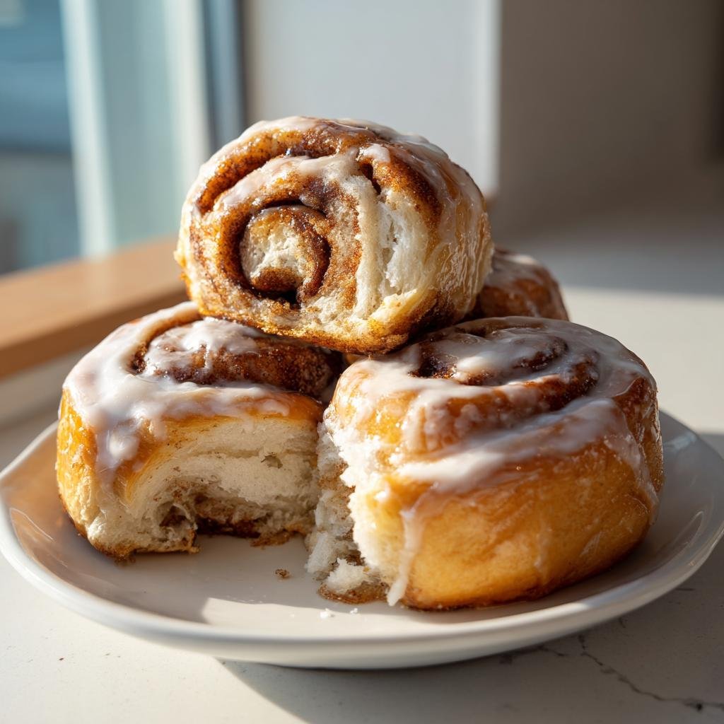 Ein Stapel fluffiger Zimtschnitten in Null Komma Nichts Fertig mit weißem Zuckerguss auf einem Teller.
