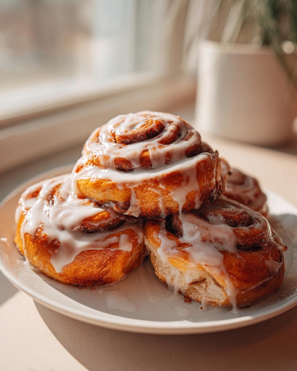 Ein Stapel frisch gebackener Zimtschnitten in Null Komma Nichts fertig, üppig mit weißem Zuckerguss überzogen.