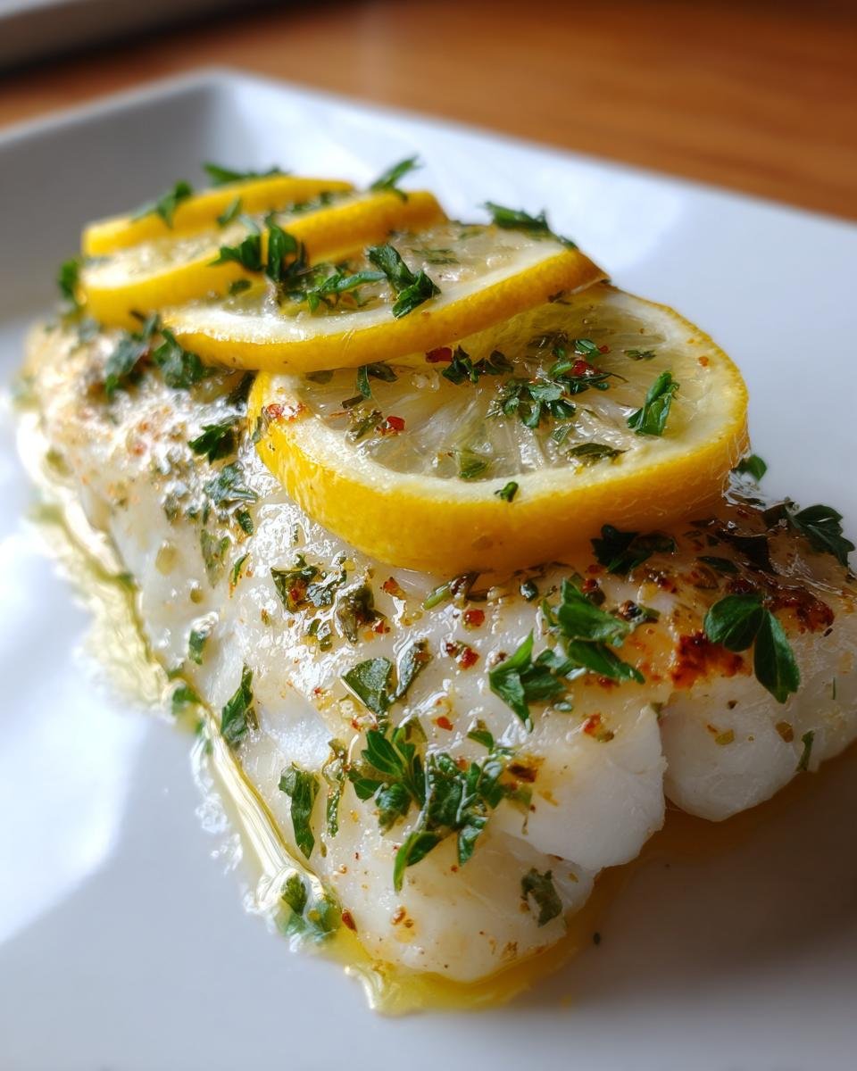 Gebackenes Zitronen-Barsche aus dem Ofen mit Kräutern, belegt mit Zitronenscheiben und Petersilie.