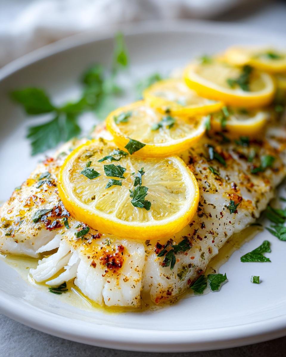 Nahaufnahme von saftigen Zitronen-Barsche aus dem Ofen mit Kräutern, belegt mit Zitronenscheiben.