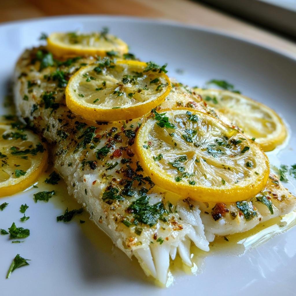 Nahaufnahme von saftigen Zitronen-Barsche aus dem Ofen mit Kräutern und Zitronenscheiben auf einem weißen Teller.