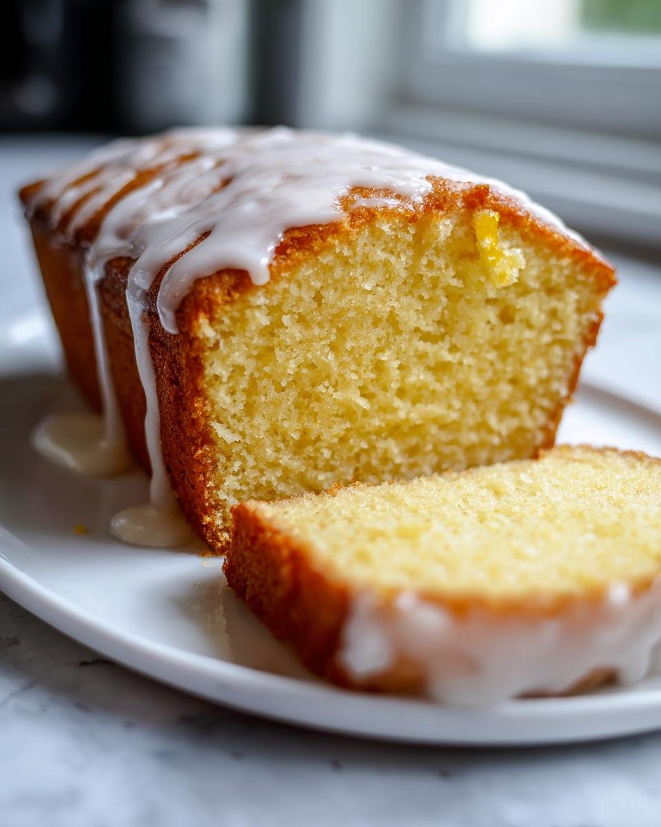Nahaufnahme eines angeschnittenen Zitronen-Joghurt-Kuchen mit dickem, weißem Zuckerguss.