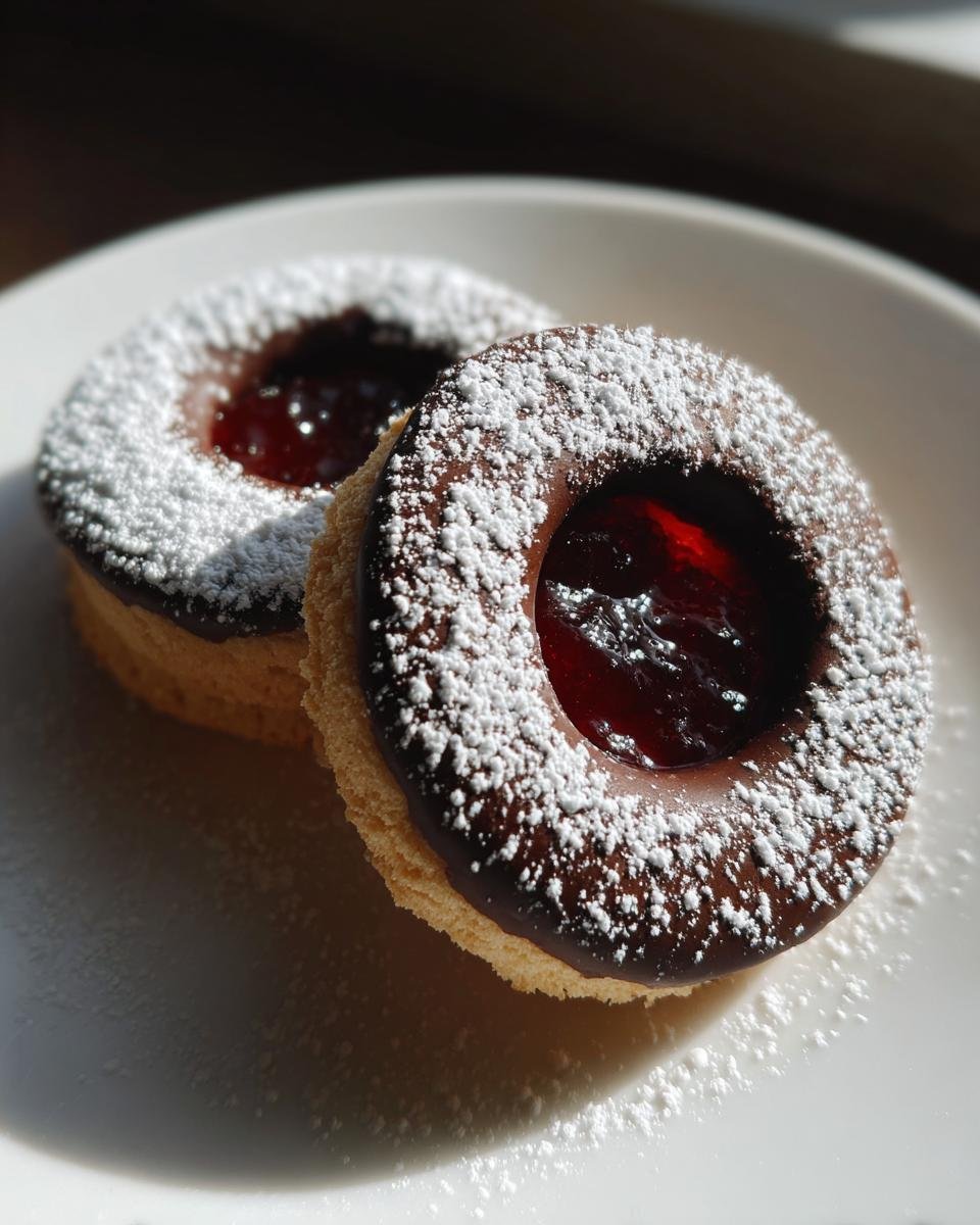 Nahaufnahme von zwei Schoko-Engelsaugen Keksen, glasiert mit Schokolade, gefüllt mit roter Marmelade und bestäubt mit Puderzucker.