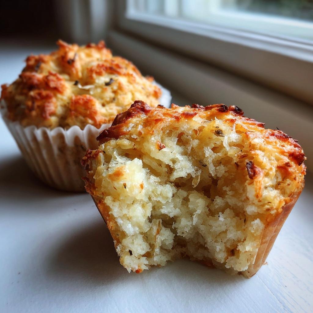 Nahaufnahme von einem angebissenen Zwiebelkuchen Muffin, der die fluffige Textur und die Käsekruste zeigt.