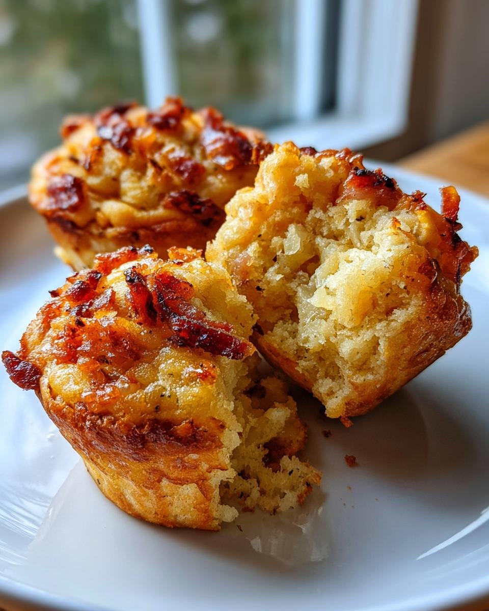 Nahaufnahme von zwei Zwiebelkuchen Muffins, einer davon zerbrochen, um die saftige Textur zu zeigen.