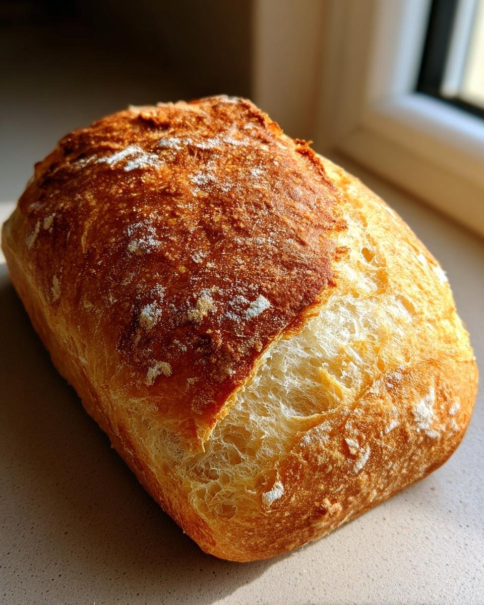 Ein frisch gebackenes, goldbraunes Brot, das mit dem 5 Minuten Brot backen Rezept zubereitet wurde.