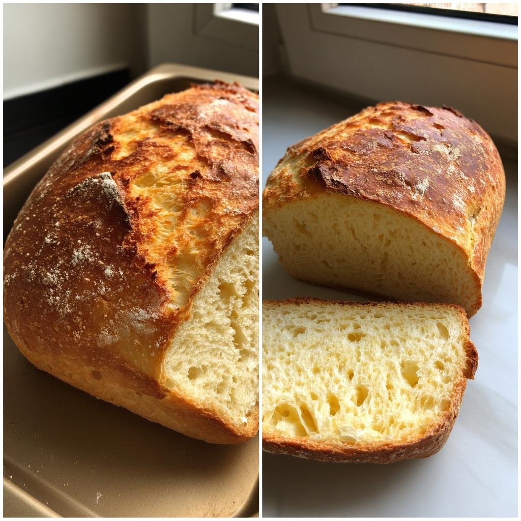 Goldbraunes, frisch gebackenes 5 Minuten Brot backen, aufgeschnitten mit weicher Krume.
