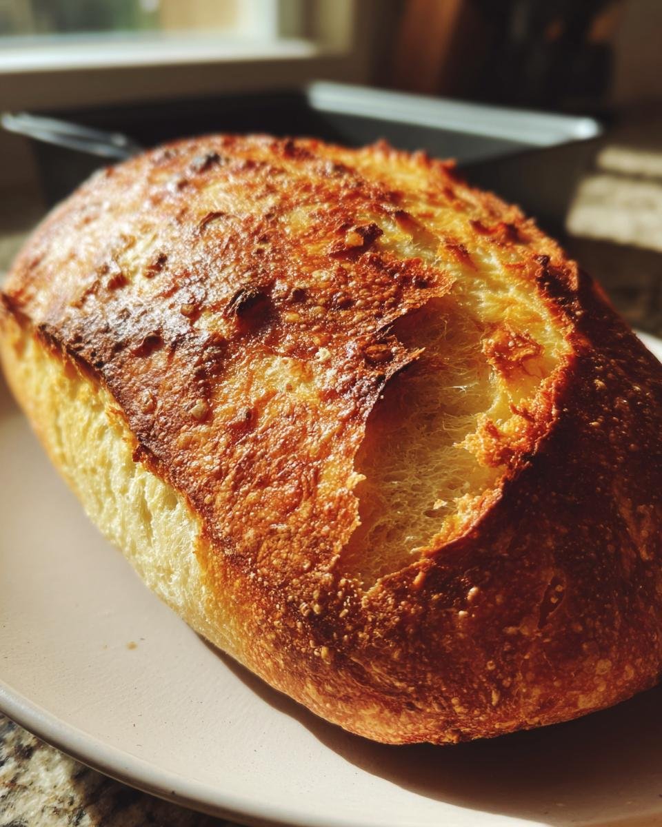 Nahaufnahme eines frisch gebackenen Brotes mit knuspriger, goldbrauner Kruste, ideal für das 5 Minuten Brot backen Rezept.