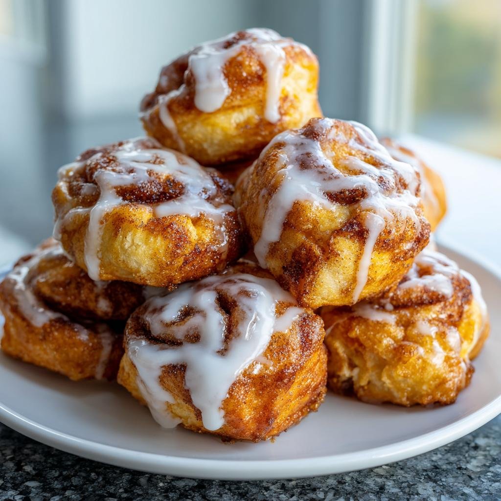 Stapel goldbrauner Air‑Fryer Zimtschnecken‑Bites, großzügig mit weißem Zuckerguss überzogen.