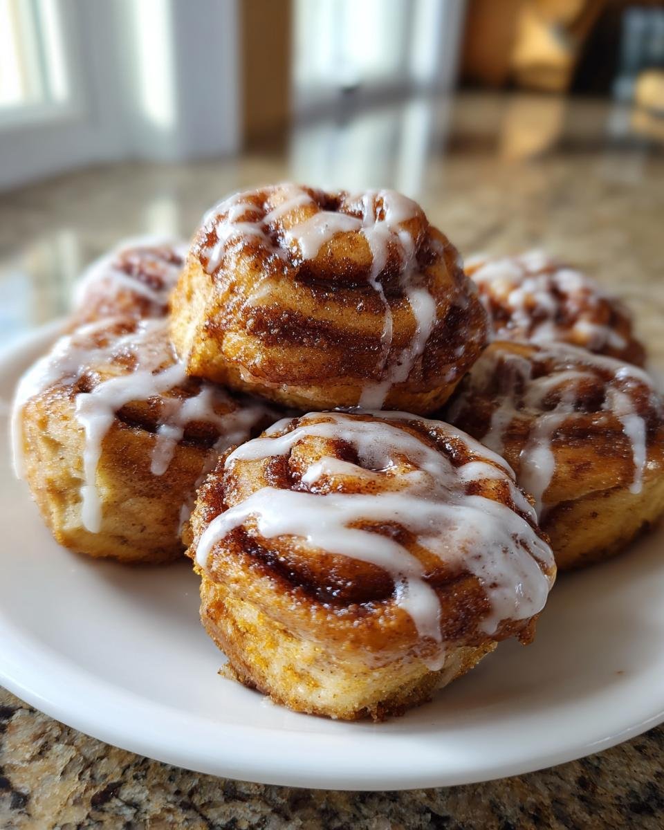 Ein Stapel goldbrauner Air‑Fryer Zimtschnecken‑Bites, großzügig mit weißem Zuckerguss überzogen.