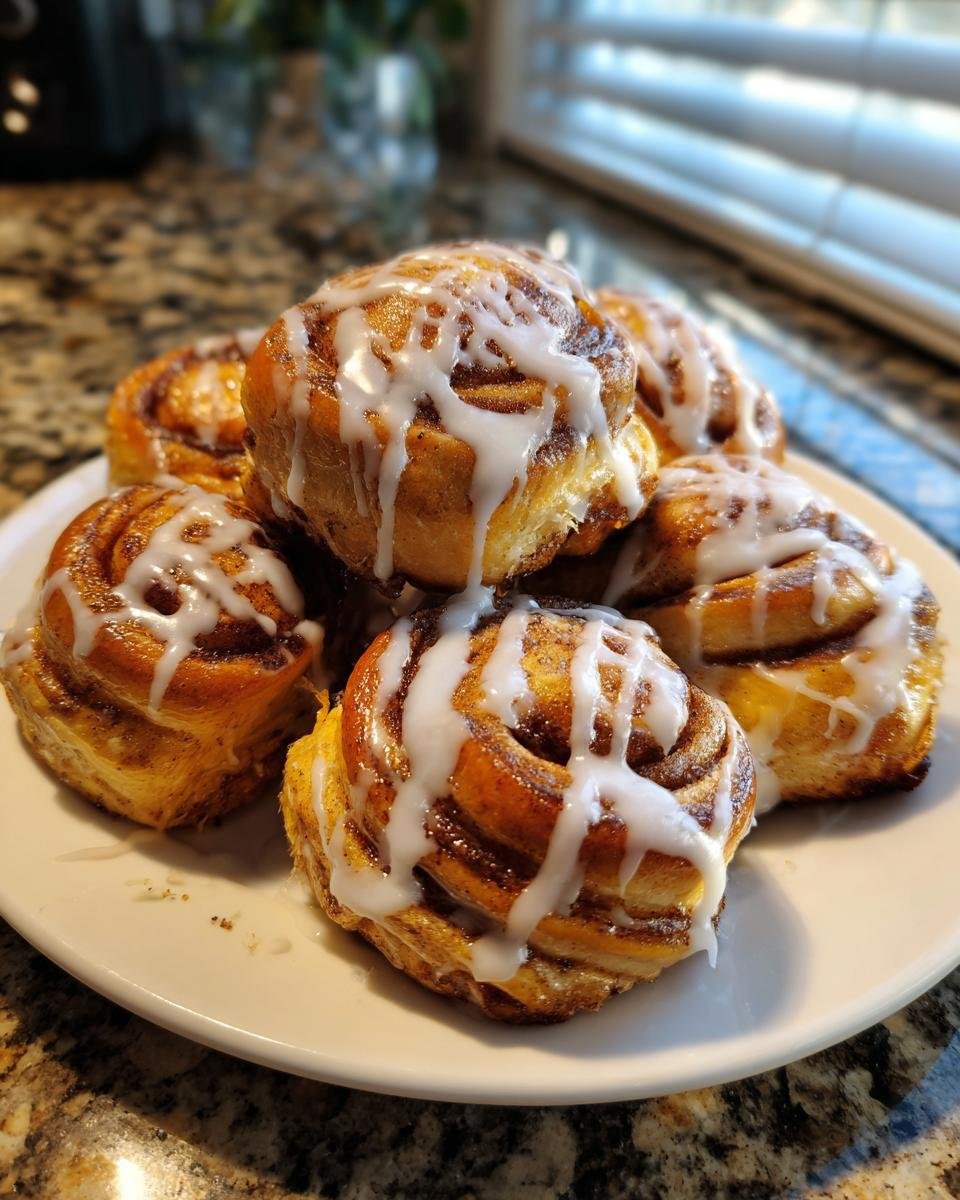 Ein Teller voller goldbrauner Air‑Fryer Zimtschnecken‑Bites, üppig mit weißem Zuckerguss überzogen.