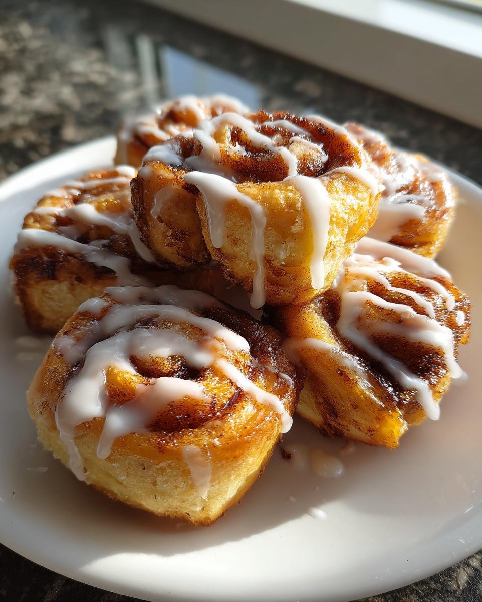 Fünf goldbraune Air‑Fryer Zimtschnecken‑Bites, üppig mit weißem Zuckerguss überzogen.
