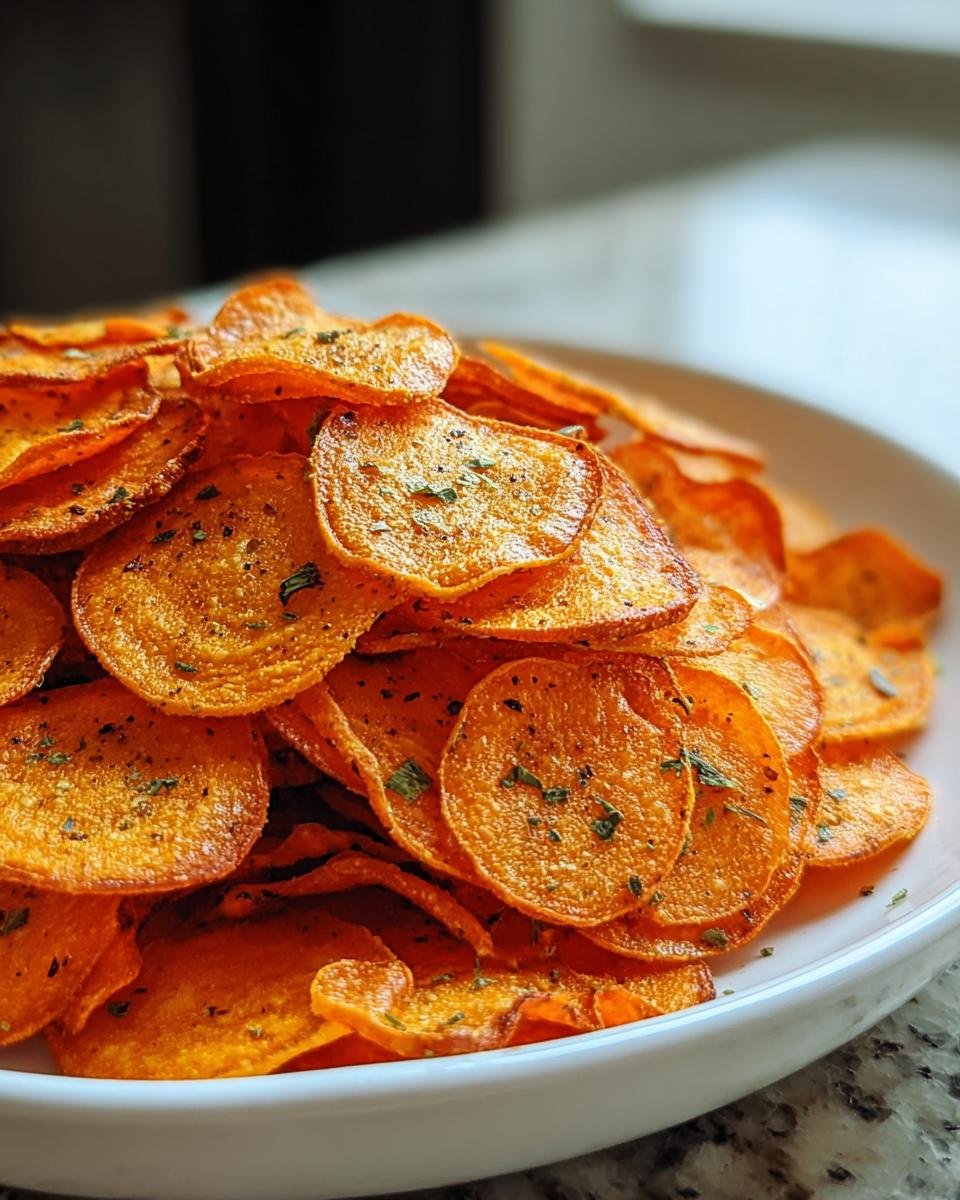 Ein großer Haufen knuspriger, orangefarbener Airfryer Möhrenchips, bestreut mit Kräutern, in einer weißen Schale.