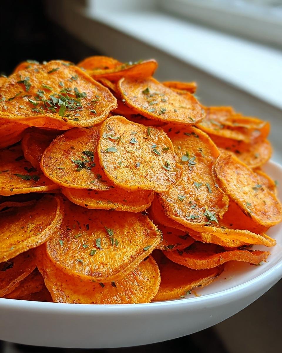 Nahaufnahme von knusprigen, orangefarbenen Airfryer Möhrenchips, bestreut mit Kräutern.