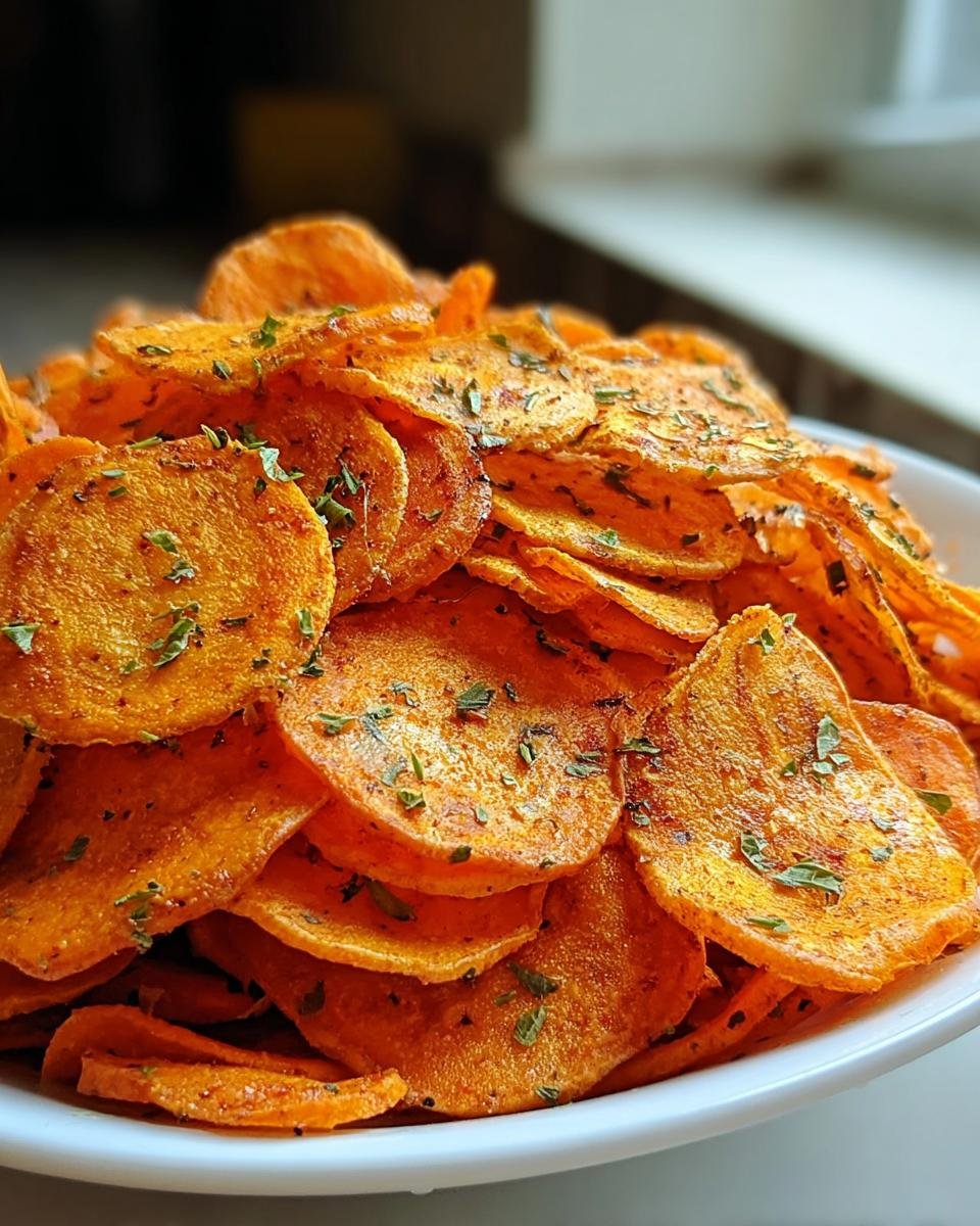 Nahaufnahme von knusprigen, orangefarbenen Airfryer Möhrenchips, bestreut mit grünen Kräutern in einer weißen Schüssel.