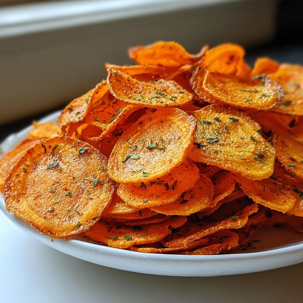 Nahaufnahme von knusprigen, orangefarbenen Airfryer Möhrenchips, bestreut mit Kräutern, auf einem weißen Teller.