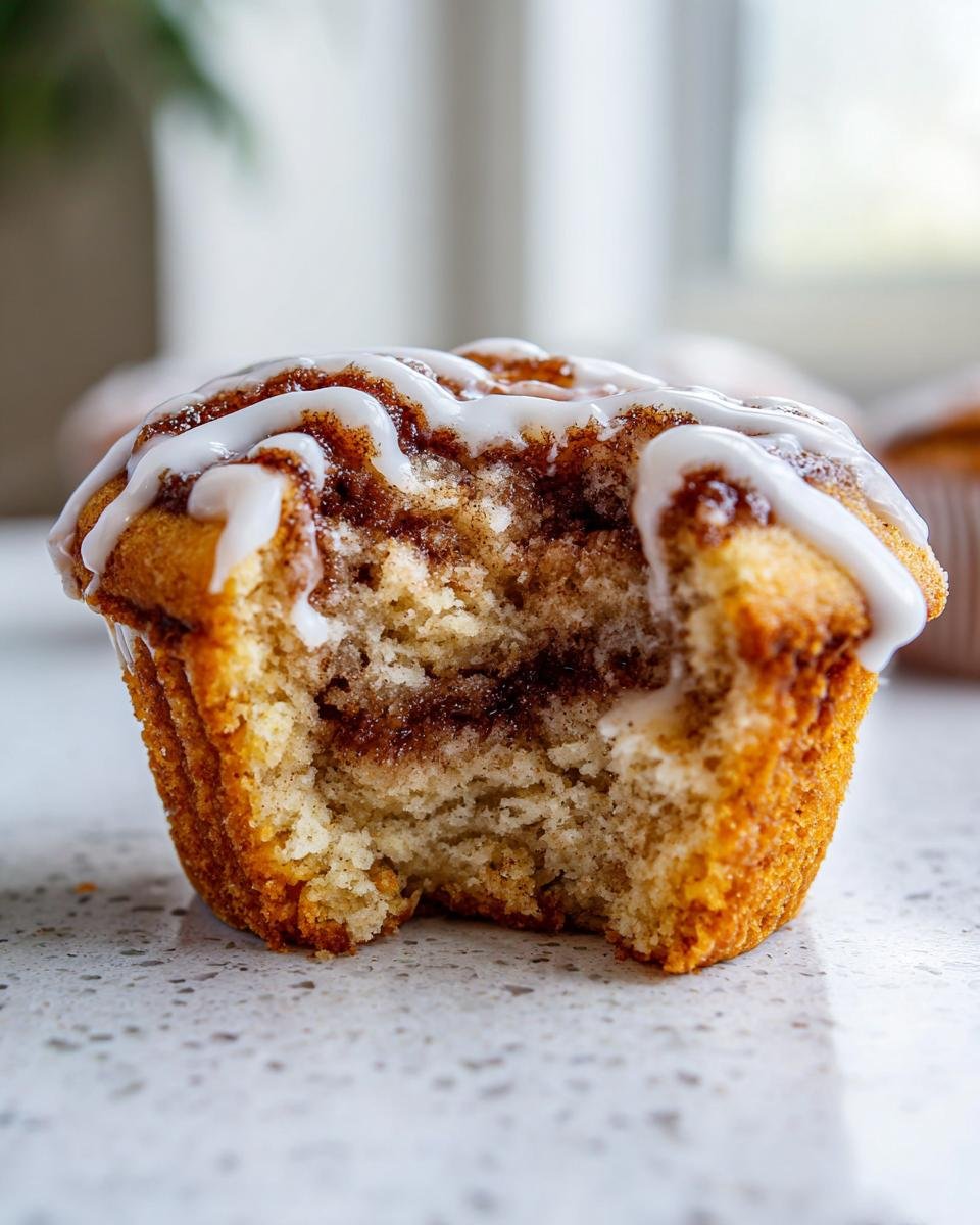Nahaufnahme eines Zimtschnecken Muffins mit einem Bissen herausgebissen, der die fluffige Textur und den Zimtfüllung zeigt.
