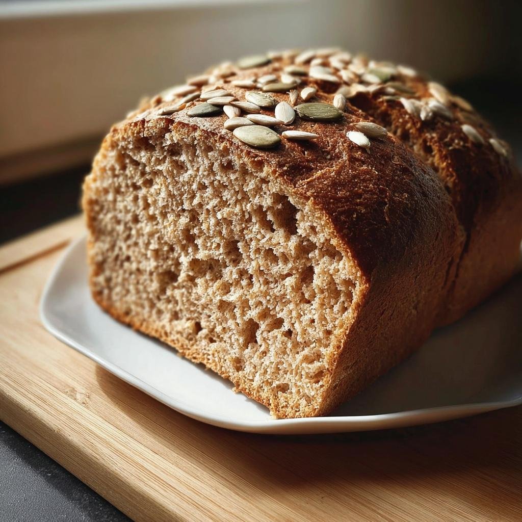 Halbierter Laib Dinkel Vollkornbrot mit dichter Krume und Kürbiskernen auf der Kruste, serviert auf einem Teller.
