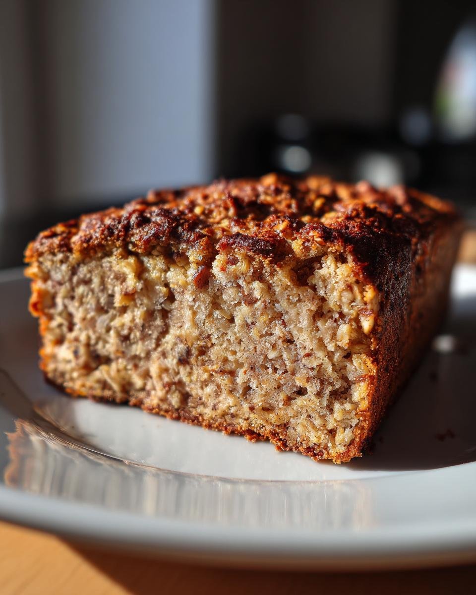Nahaufnahme eines dicken Stücks Haferflockenbrot mit Quark auf einem weißen Teller, mit knuspriger Kruste.