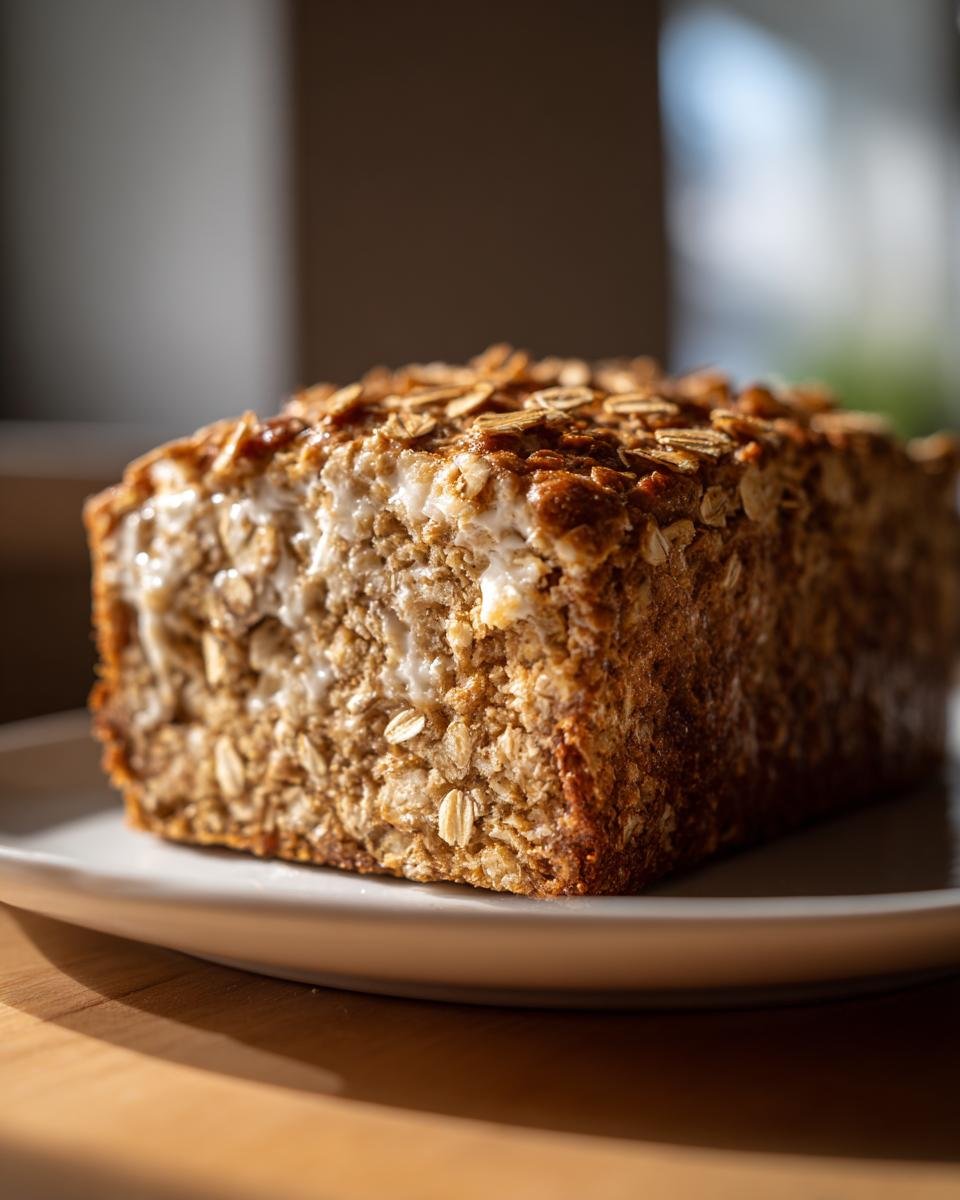 Nahaufnahme des Anschnitts vom Haferflockenbrot mit Quark, das auf einem Teller liegt und mit Haferflocken bestreut ist.