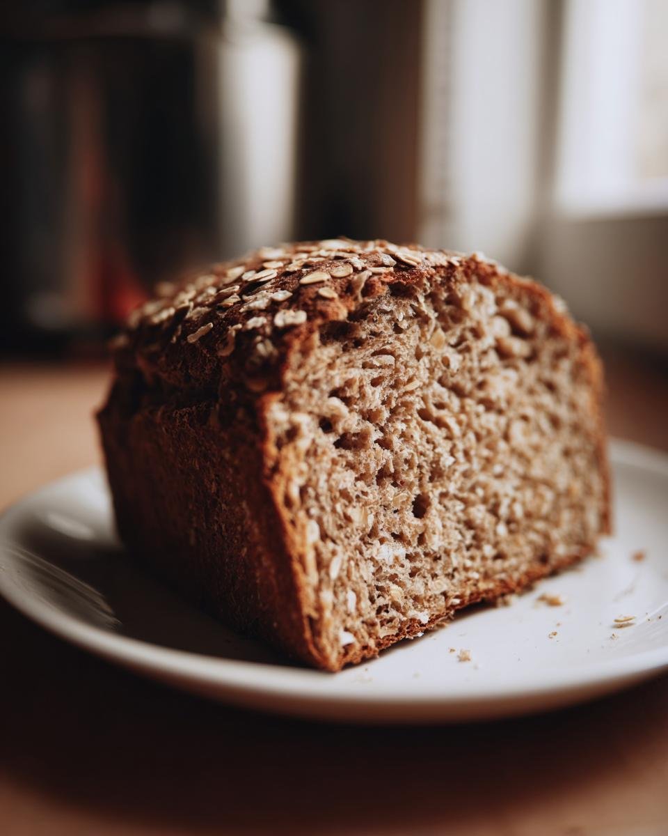 Nahaufnahme eines angeschnittenen Laibs Haferflockenbrot mit Quark, bestreut mit Haferflocken.