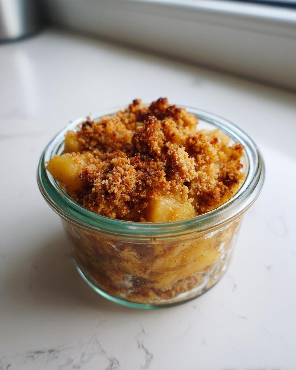 Nahaufnahme eines Apfel Crumble im Glas mit karamellisierten Äpfeln und knusprigem Streusel-Topping.