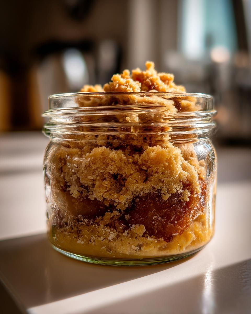 Nahaufnahme eines Apfel Crumble im Glas mit goldbrauner Streuseldecke, ideal für das beste Rezept.