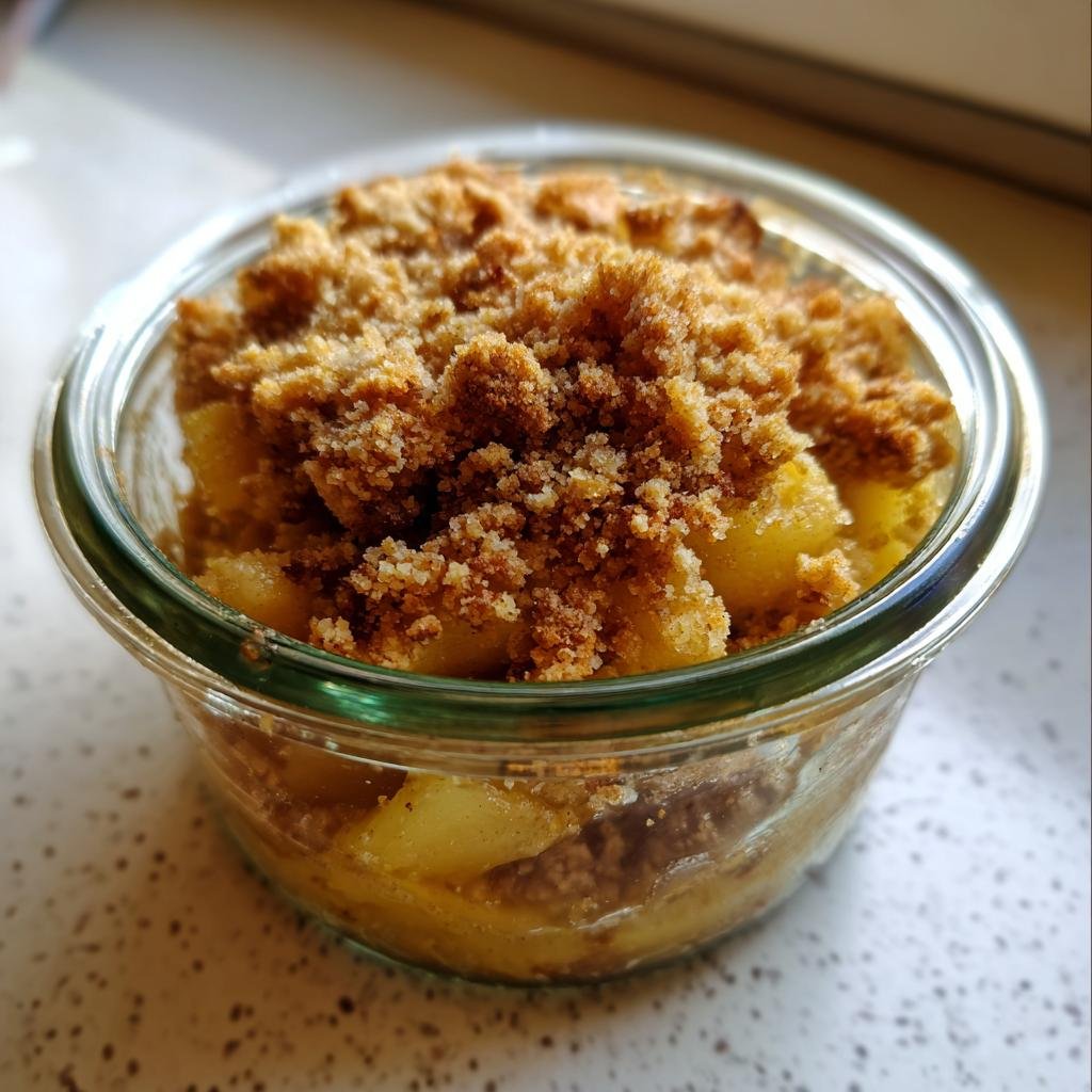 Nahaufnahme von Apfel Crumble im Glas mit goldbraunem Streusel-Topping.
