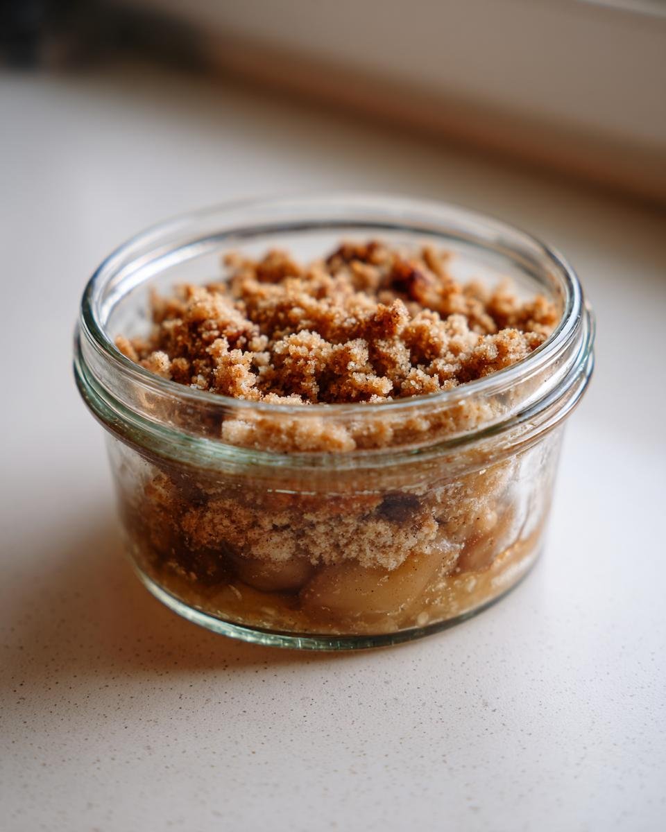 Nahaufnahme eines einzelnen Apfel Crumble im Glas mit goldbraunen Zimtstreuseln obenauf.
