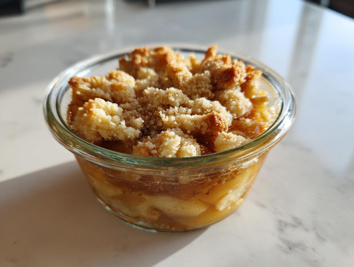 Nahaufnahme von Apfel Crumble im Glas mit knusprigen, goldbraunen Streuseln.
