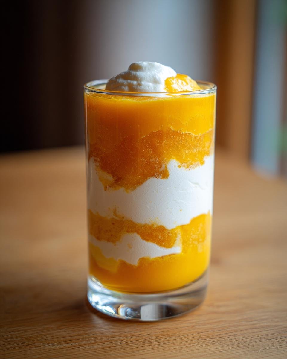 Geschichtetes Dessert im Glas: Apfel-Kürbis-Mus mit Vanillequark und einem Klecks Sahne obenauf.