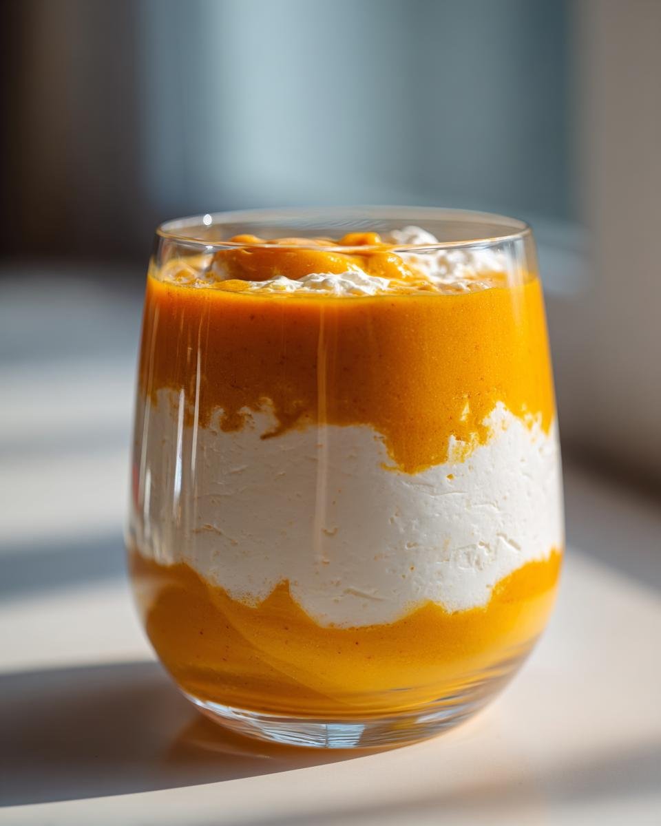 Geschichtetes Dessert im Glas: Cremiges Apfel-Kürbis-Mus mit Vanillequark – Herbstlich cremiges Dessert.