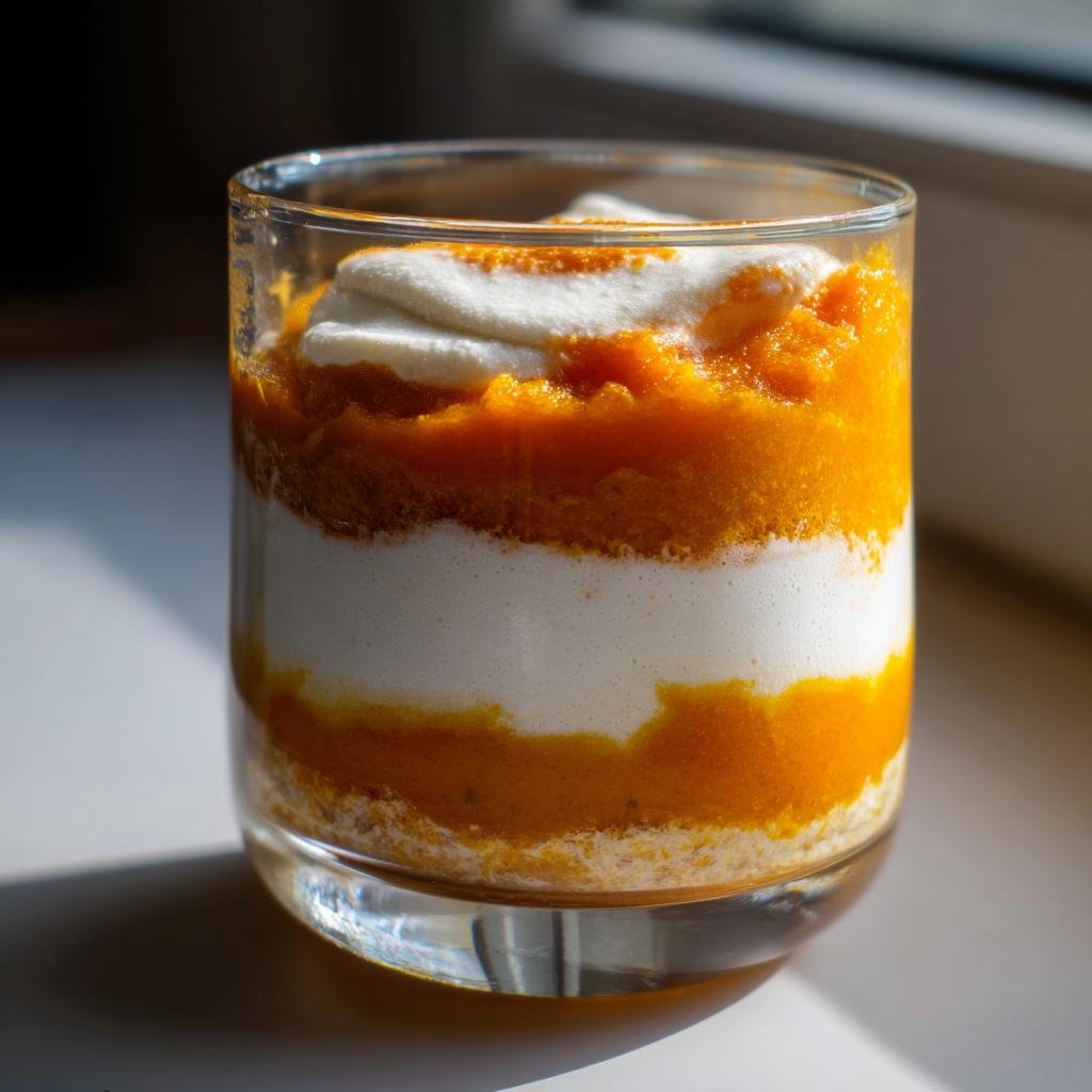 Schichtdessert mit leuchtend orangefarbenem Apfel-Kürbis-Mus und weißem Vanillequark im Glas.