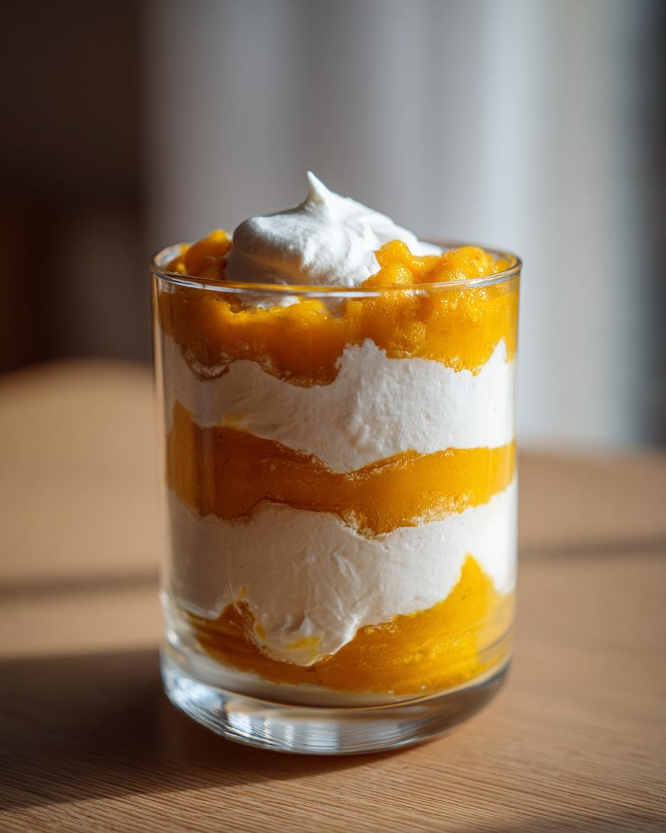 Geschichtetes Dessert im Glas: Apfel-Kürbis-Mus mit Vanillequark und einem Klecks Sahne obenauf.