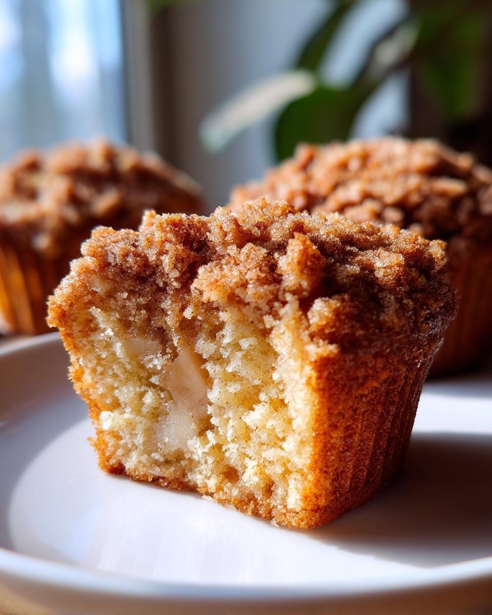 Nahaufnahme eines angeschnittenen Apfel Muffins mit knusprigen Streuseln und sichtbaren Apfelstücken im Inneren.