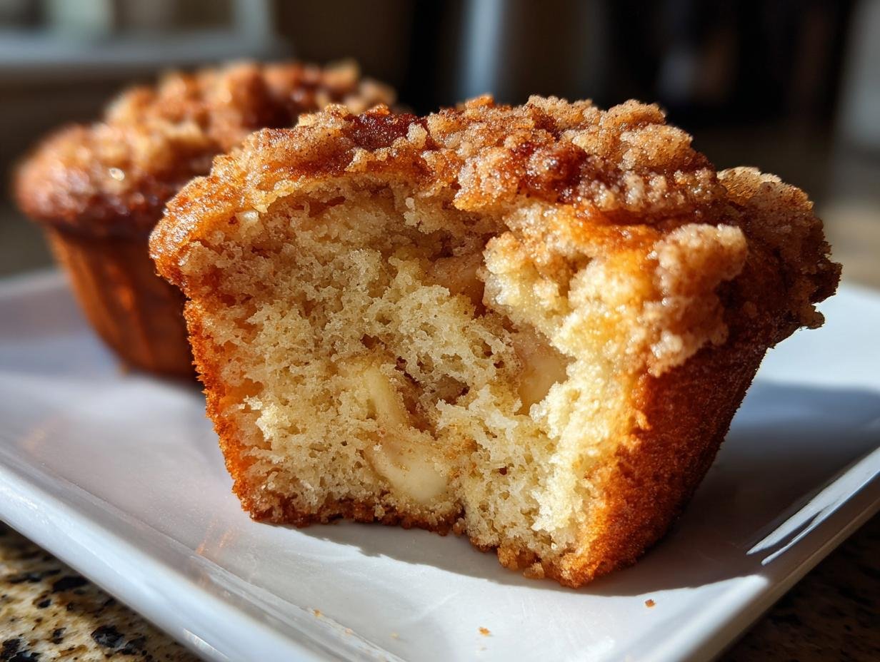 Angeschnittener Apfel Muffin mit knusprigen Streuseln und sichtbaren Apfelstücken innen.