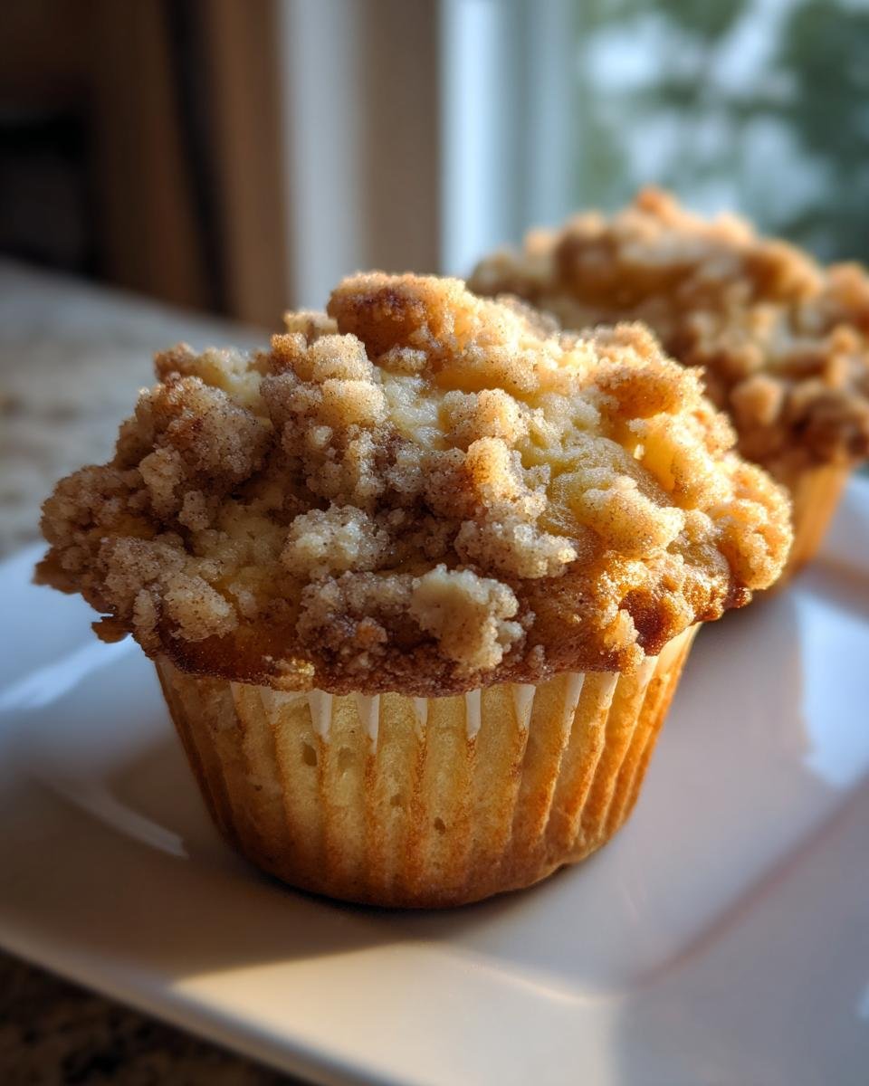 Nahaufnahme eines frisch gebackenen Apfel Muffins mit knusprigen Streuseln auf einem weißen Teller.