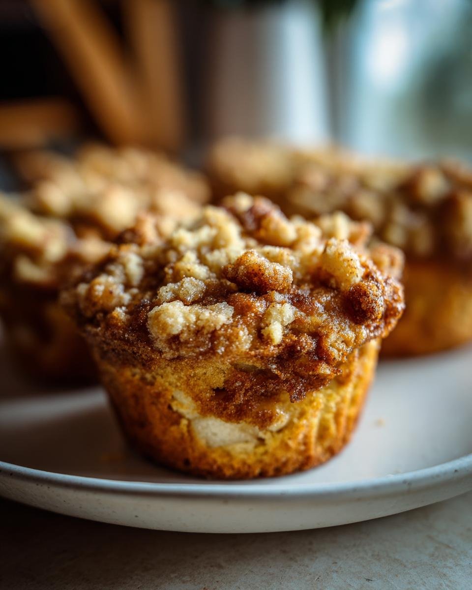 Nahaufnahme eines saftigen Apfel Muffins mit knusprigen Streuseln auf einem Teller.