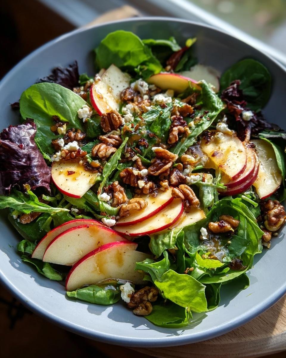 Nahaufnahme eines fertigen Apfel-Walnuss-Salat mit Blattsalat, garniert mit Apfelscheiben und Walnüssen.