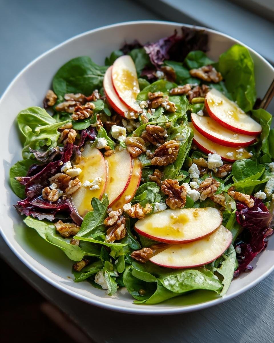 Nahaufnahme eines Apfel-Walnuss-Salat mit Blattsalat, Apfelscheiben, Walnüssen und Käse in einer weißen Schüssel.