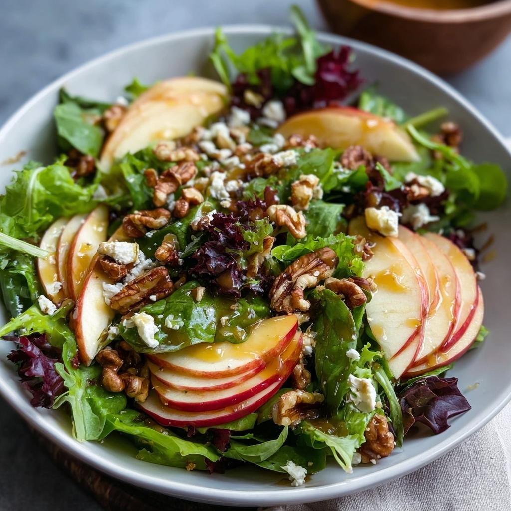Nahaufnahme eines fertigen Apfel-Walnuss-Salat mit Blattsalat, garniert mit Apfelscheiben, Walnüssen und Feta.
