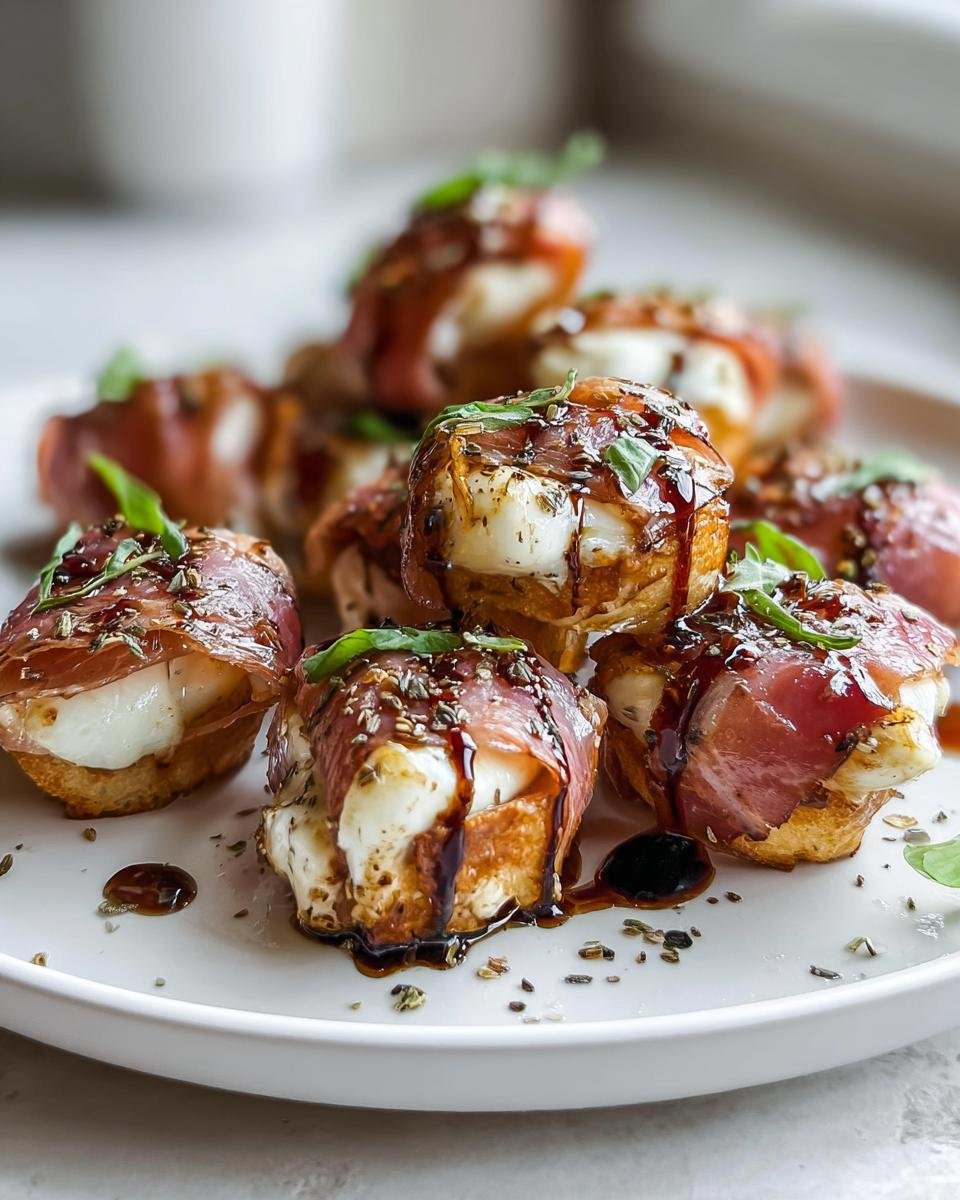 Nahaufnahme von Aromatische Rind Prosciutto Mozzarella Häppchen, beträufelt mit Balsamico und Kräutern.