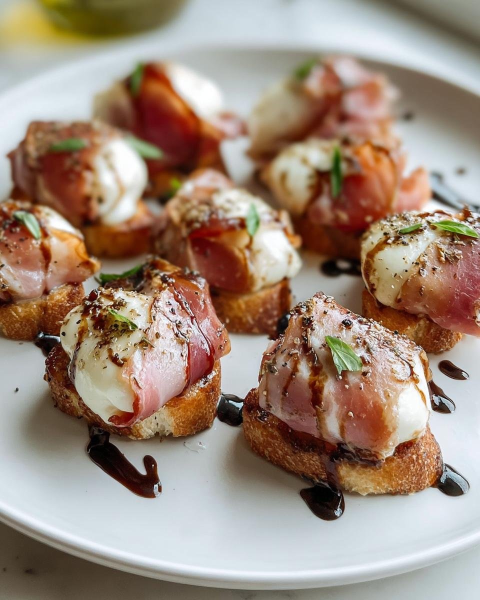 Nahaufnahme von Aromatische Rind Prosciutto Mozzarella Häppchen auf geröstetem Brot, beträufelt mit Balsamico.