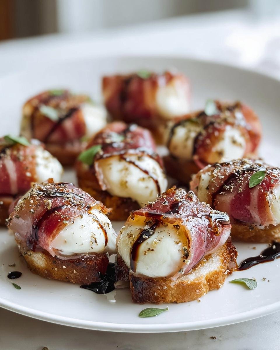Nahaufnahme von Aromatische Rind Prosciutto Mozzarella Häppchen auf geröstetem Brot, beträufelt mit Balsamico.