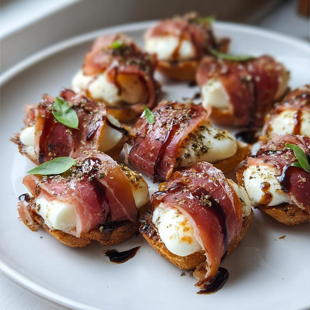 Nahaufnahme von Aromatische Rind Prosciutto Mozzarella Häppchen, garniert mit Balsamico und Kräutern auf einem weißen Teller.